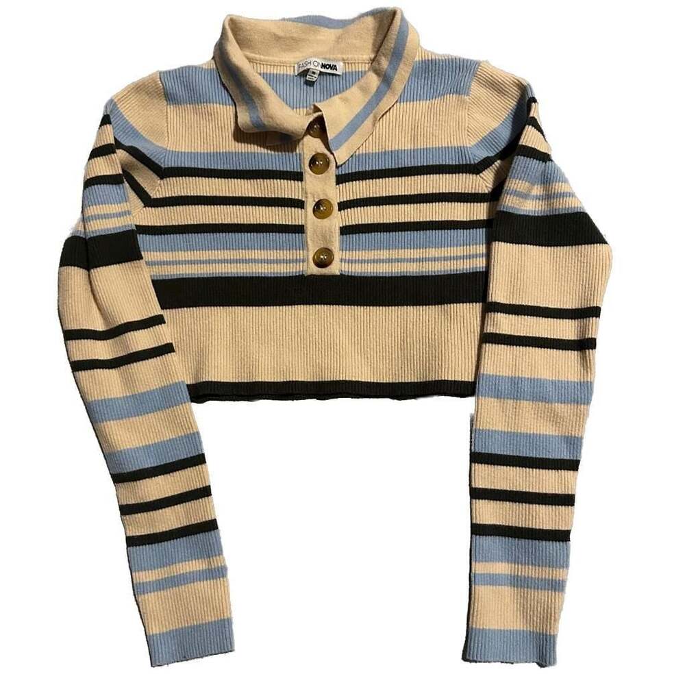 Y2K Preppy Office Siren Striped Button Up Crop Top - Blue/combo-M